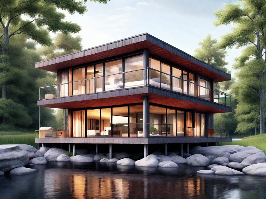 在湖边搭建的二层钢木结构别墅
